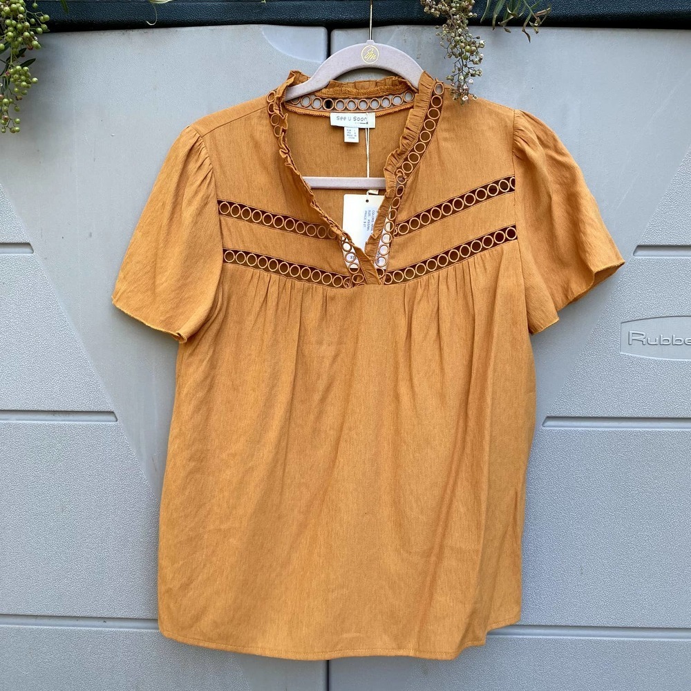 See U Soon Olivaceous Women’s Short Sleeves Eyelet Blouse in Mustard Sz Small